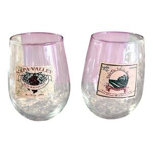 Napa Valley Stemless Clear Wine Glass Pair, Spanish Motif, Sparkling Glass.